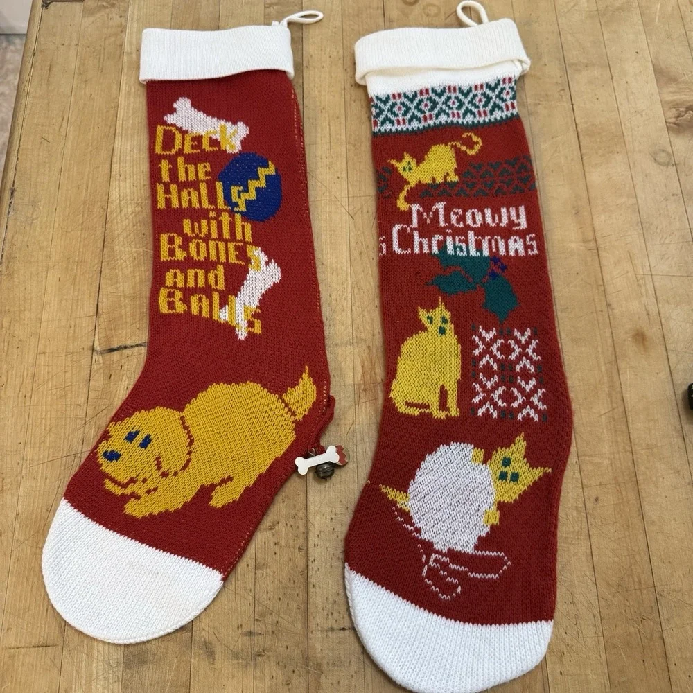 VTG Knit Stockings For Pets MEOWY Christmas Cat Dog Red White Charms‎ Reversible